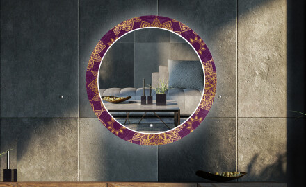 LED-Valaistuksella Varustettu Pyöreä Koristeellinen Peili Olohuoneeseen - Gold Mandala